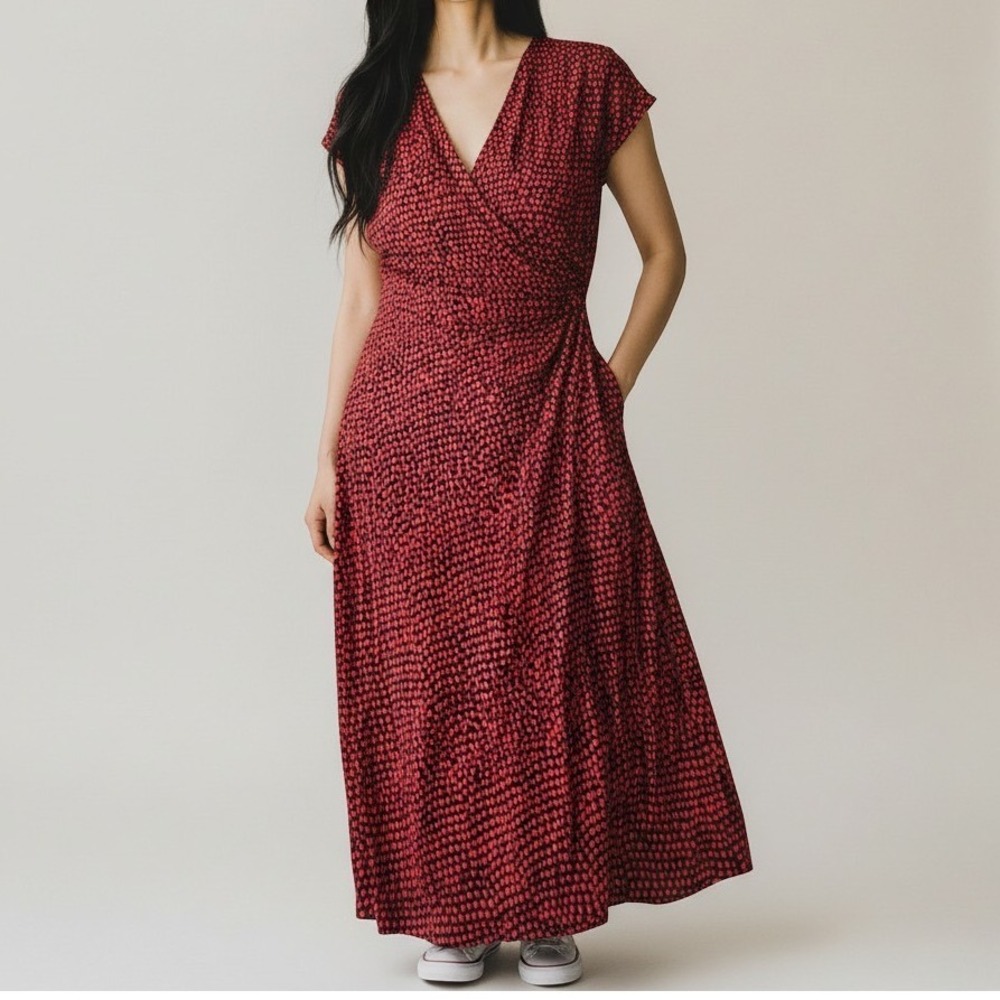 T Tahari Maxi Dress Womens 12 Red Black Faux Wrap Ruched V-Neck Stretch Jersey